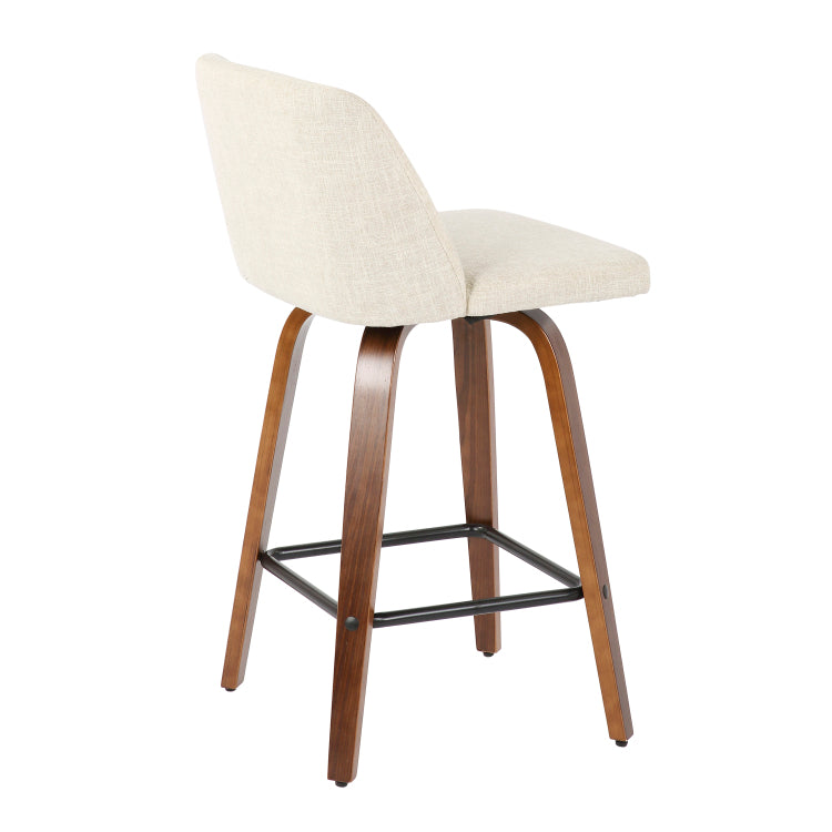 Mid Century Modern Counter Stool In Walnut And Cream Fabric Set Of 2