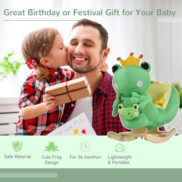 Qaba Kids Ride On Rocking Horse Toy Frog Style Rocker With Fun Music, Seat Belt & Soft Plush Fabric Hand Puppet For Children 18 36 Months
