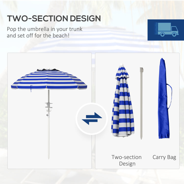 Outsunny 5.7' Portable Beach Umbrella With Tilt, Adjustable Height, 2 Cup Holders & Hooks, Uv 40 Ruffled Outdoor Umbrella With Vented Canopy, Blue White Stripe