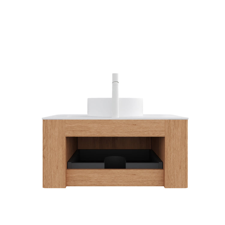 Dina 30" Bathroom Vanity&Sink, Floating Curved Edges Striped Bathroom Storage Cabinet With Drawer, White Round Ceramic Basin&Carrara White Artificial Marble Top, Pre Assembled, Natural Woodgrain