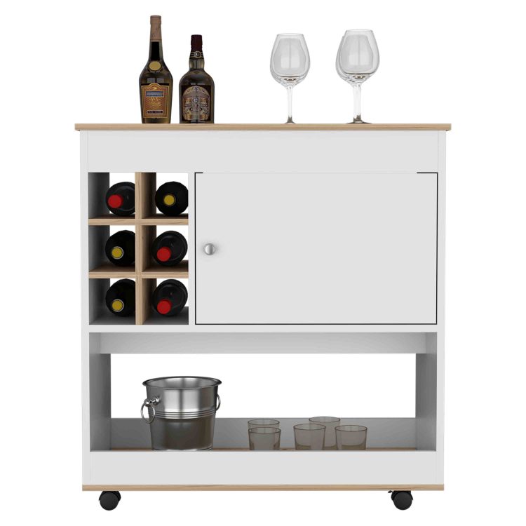 Lotus Bar Cart, Six Bottle Cubbies, One Cabinet, Four Casters, Light Oak White
