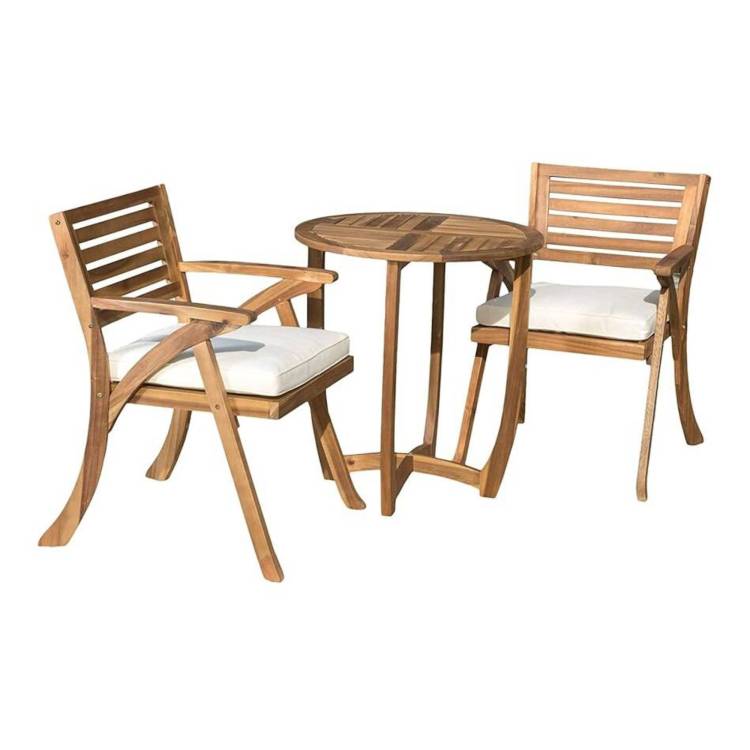 Outdoor Hermosa 3 Pieces Kd Wood Dining Set With Cushions,Teak Finish