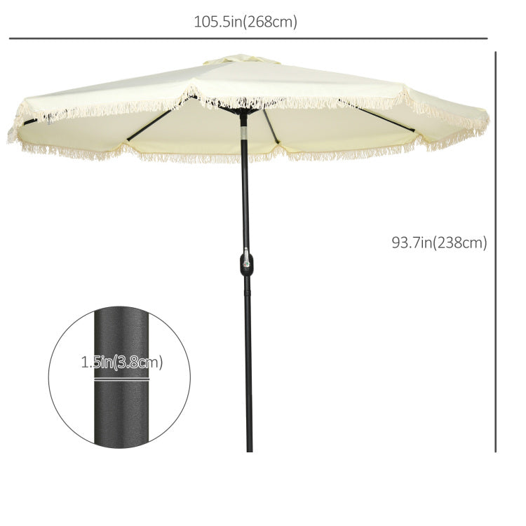 Outsunny 9Ft Patio Umbrella With Push Button Tilt And Crank, Ruffled Outdoor Market Table Umbrella With Tassles And 8 Ribs, For Garden, Deck, Pool, Cream White