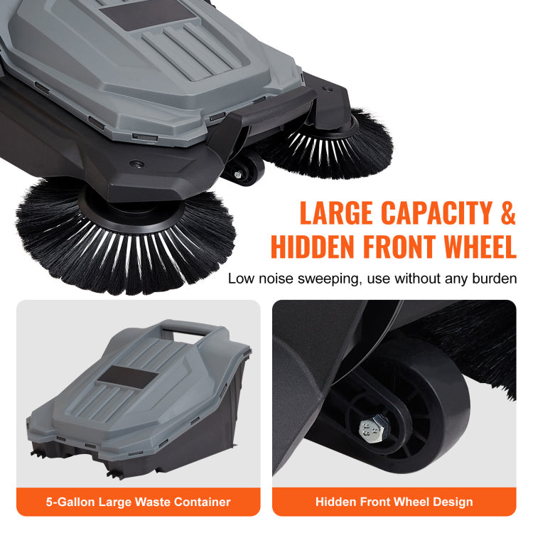 Walk Behind Hand Push Floor Sweeper, 25.6" Sweeping Width Floor Sweeper Manual Non Electric, 5 Gallon Waste Container, Angle & Height Adjustable Folding Handle For Walkway, Yard, Garage, Patio