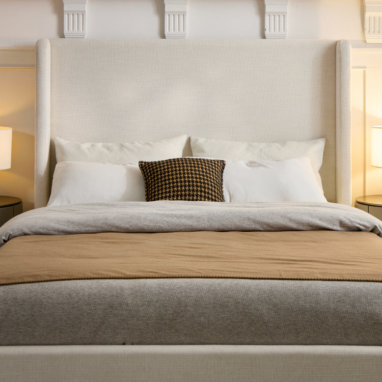 Carmen Upholstered Wingback Bed Upholstered Platform Bed Frame 54" High Headboard Simplicity Minimalist No Box Spring Needed Easy Assembly Queen Textured Ivory Canvas No Noise