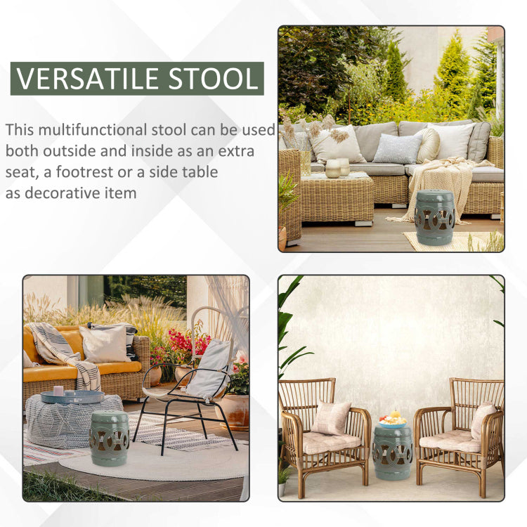 Outsunny 14" X 17" Ceramic Garden Stool With Double Coin Knotted Ring Design & Strong Glazed Material, Decorative End Table, Home Collection, Green