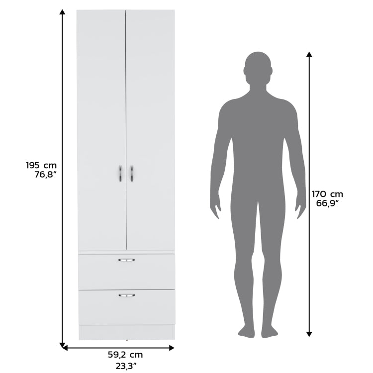Armoire Wardrove 76" H, Hanging Rod, 2 Drawers, 1 Shelf, White