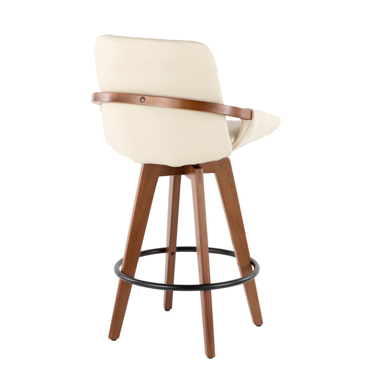 Mid Century Counter Stool In Walnut And Cream Faux Leather