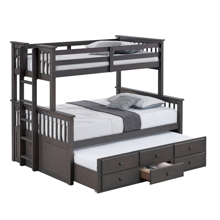 Transitional Twin Over Full Bunk Bed With Ladder And Underbed Drawers, Grey Mix