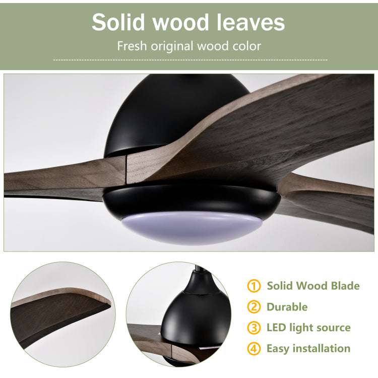 52" Solid Wood Blades , Indoor With Light With Remote Control, Noiseless Reversible Motor, 6 Speed ,3 Color , For Patio Living Room, Bedroom, Office,Indoor. Matte Black