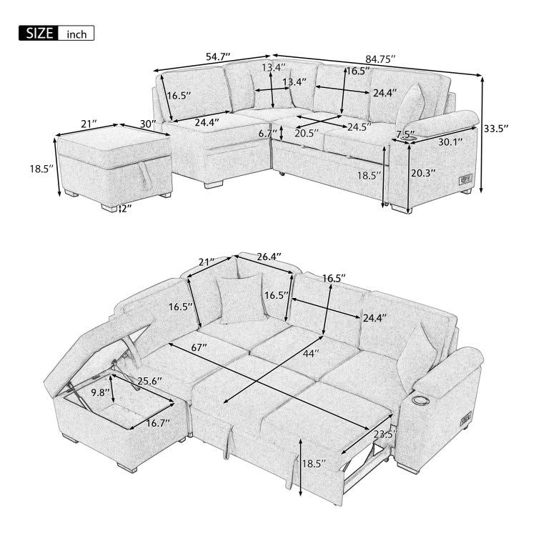 84.75" Sleeper Sofa Bed,2 In 1 Pull Out Sofa Bed L Shape Couch With Storage Ottoman For Living Room,Bedroom Couch And Small Apartment, Beige
