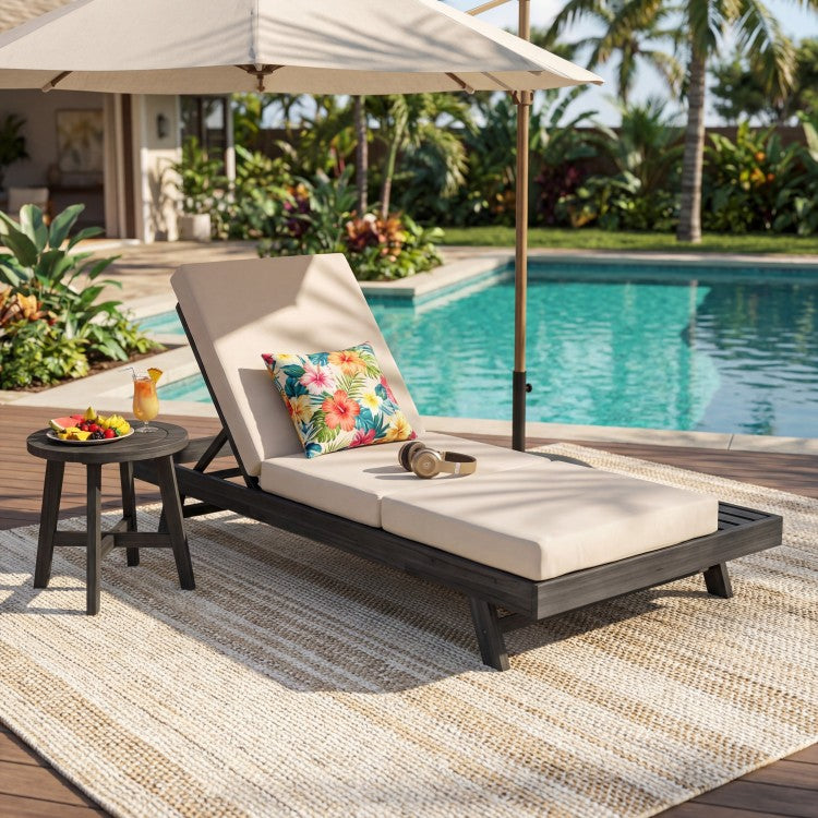 Lounge Chaise Set, Space Available On One Side, Acacia Solid Wood In Black With Lounge Cushion Cream & Triple Fold Matching Dark Grey Version Available