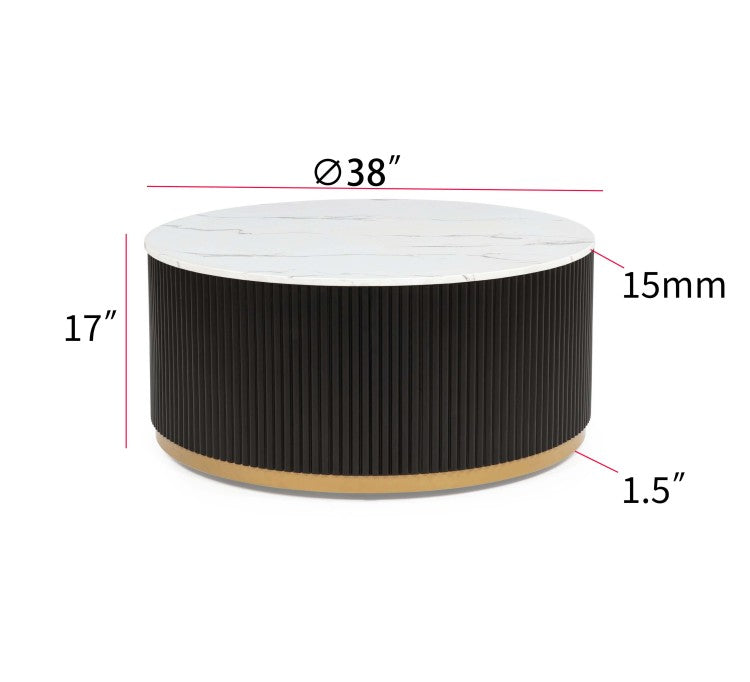 1Pc Coffee Table Modern Cocktail Group Luxurious Marble Inspired Top Reeded Base Gold Finished Foundation With Casters Wooden Living Room Furniture