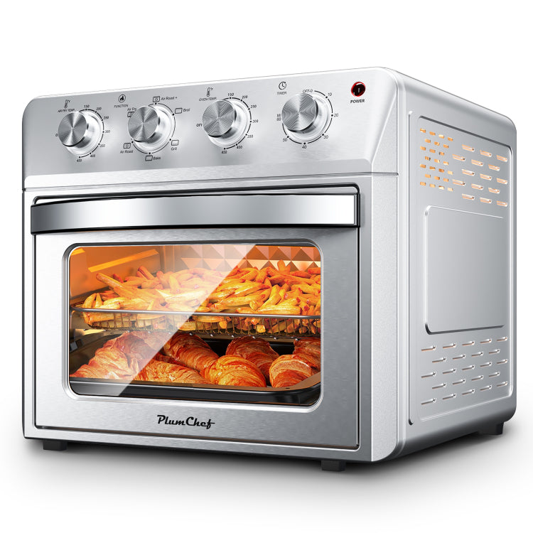 Plum Chef Air Fryer Oven 27.5Qt, 6 In 1 Countertop Oven, Air Fry, Bake, Broil, Toast, Warm, Dehydrate, 4 Knob Control, 1600W, Family Size, Silver