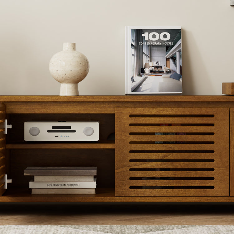 63" Mid Century Modern Extendable Tv Stand For Tvs Up To 75", Media Console Tv Cabinet For Living Room, Farmhouse Entertainment Cabinet With Storage & Adjustable Panel