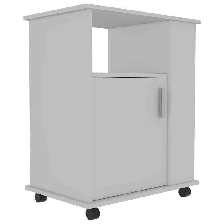 Lower Microwave Pantry 29" H, Single Door Cabinet, One Open Shelf, Three Side Shelves, White