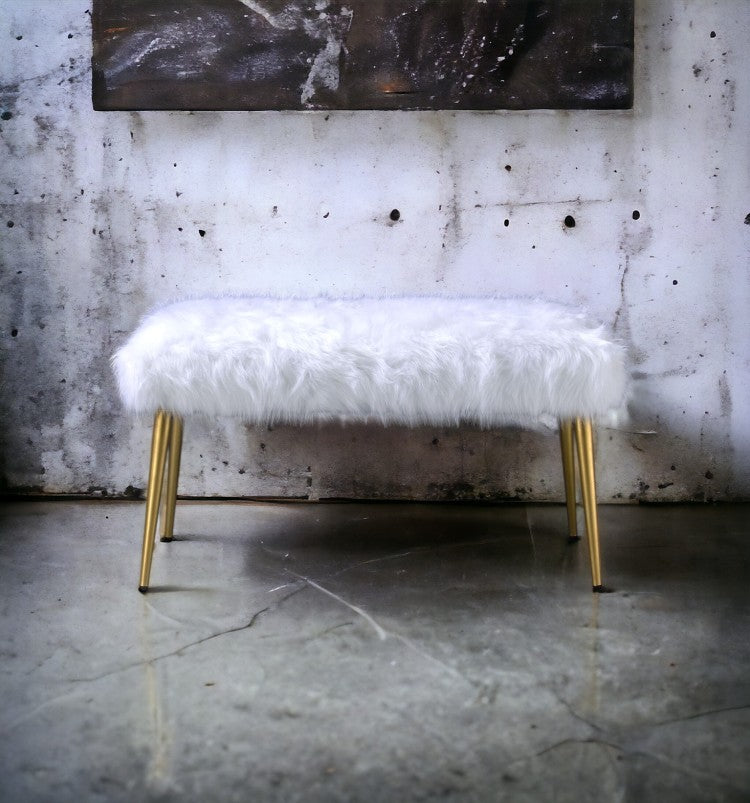 Bagley Ii White Faux Fur & Gold Finish Bench