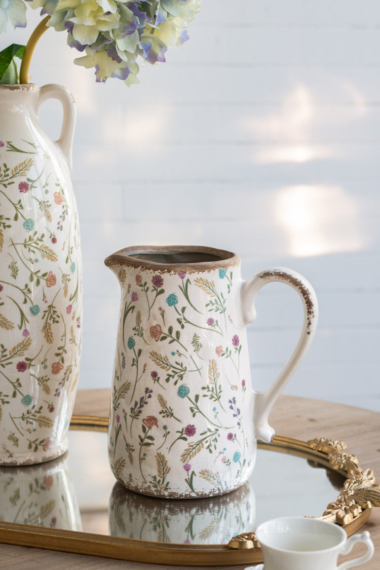 8.1X5.7X9.1" Round Ceramic Pitcher Vase With Multi Colored Floral Motifs