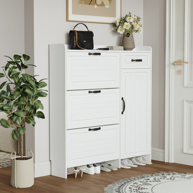 White Color Shoe Cabinet With 4 Doors 1 Drawers,Large Space For Storage