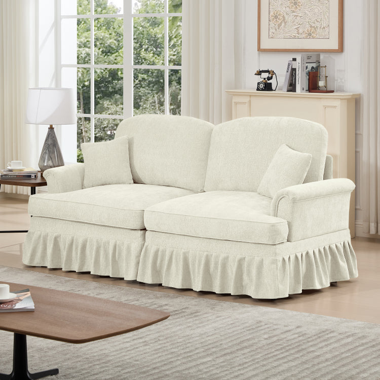 Elegant Mid Century Oversized Large Two Seater Sofa Couch With Flared Arms And Removable Ruffles Pleats Skirts And Spindle Legs, Comfy Chenille Two Seat Love Seat Sofa For Living Room, Beige White