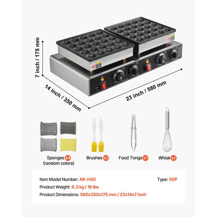 50Pcs Mini Dutch Pancake Maker Commercial Dorayaki Baker Non Stick 1800W