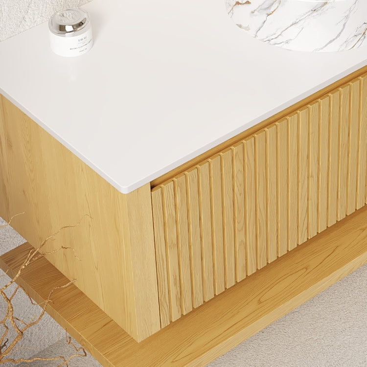 Hizon 48" Wall Mounted Corolla Oak Woodgrain Plywood Bathroom Storage Cabinet With Drawer And Shelf, White Sintered Stone Countertop, No Basin, No Faucet And Sink Cover