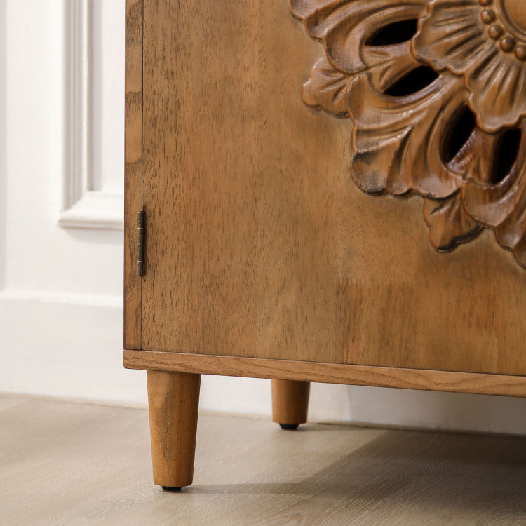 Rustic Hand Carved Wooden 2 Door Cabinet Boho Accent Storage Cabinet With Floral Design, Solid Wood Sideboard For Living Room, Entryway, Or Bedroom