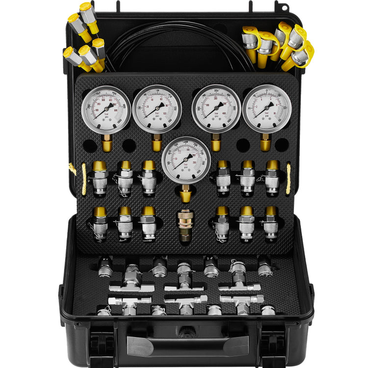 Hydraulic Pressure Test Kit, 10 100 250 400 600Bar, 5 Gauges 13 Couplings 14 Tee Connectors 5 Test Hoses, Excavator Hydraulic Test Gauge Set With Carrying Case For Excavator Tractors Machinery