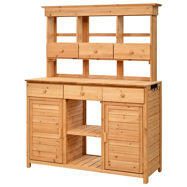Assembly 65.7'' H Tall Garden Potting Bench Table With Hutch,Patio Storage Workstation With 3 Shelves,6 Drawers,2 Bottom Cabinets&Side Hooks For Mudroom,Doorway, Natural