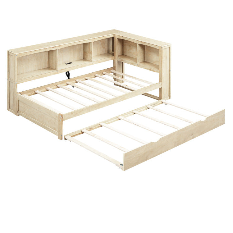 Twin Size Daybed With Trundle, Storage Cabinets And Usb Ports, Wood Color
