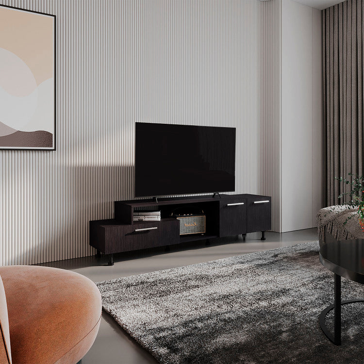 Athol 69" Wide Two Tier Tv Stand Black With One Pull Down Door Cabinet, One Double Door Cabinet And Two Shelves, Cable Management, Living Room Black Wengue