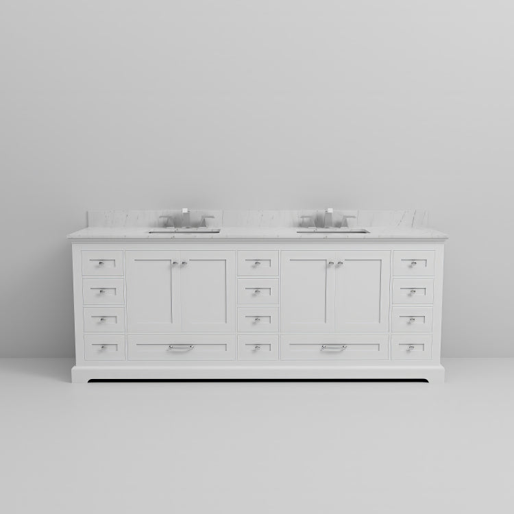 White Double Bath Vanity 84 In. W X 22 In. D, Carrara Marble Top, And Faucet Set