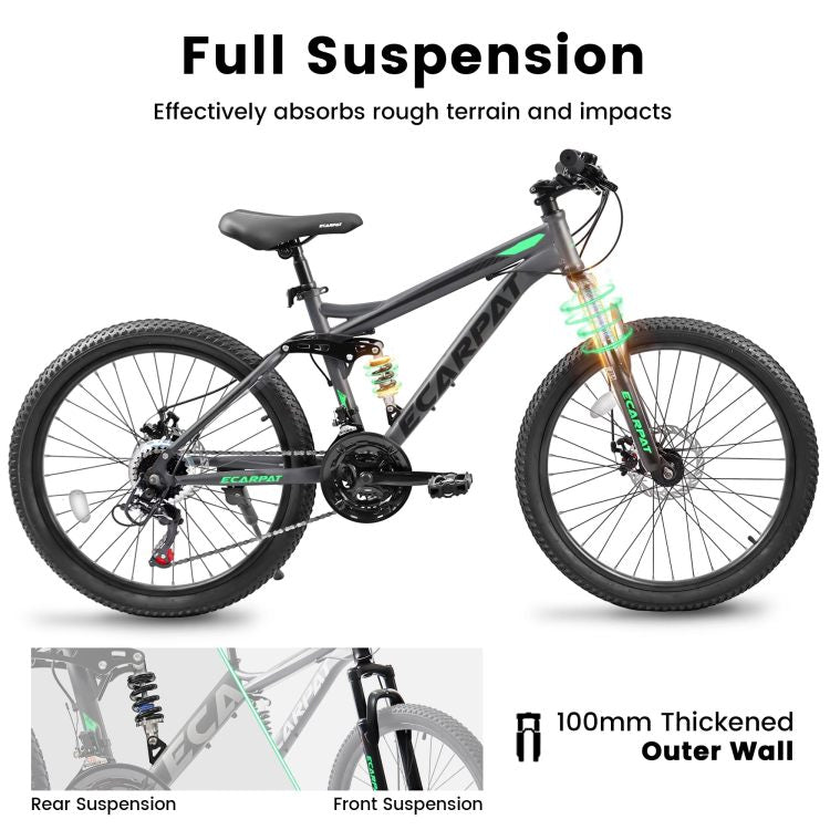 A2460 24 Inch Mountain Bike With Full Suspension, 21 Speed Shifter Lever With Gear Indicator, High Carbon Steel Frame, Mechanical Disc Brakes, Unisex For Men Women Adults, Ideal For Trails