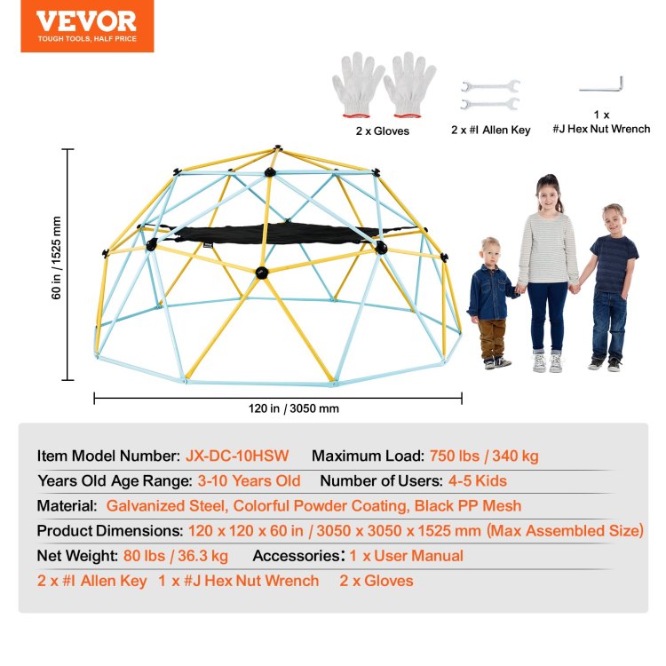 Climbing Dome, For Kids 3 To 10 Years Old,10Ft Geometric Dome Climber With Hammock And Swing, Jungle Gym Supports 750Lbs And Easy Assembly, With Climbing Grip, Outdoor Backyard Play Equipment