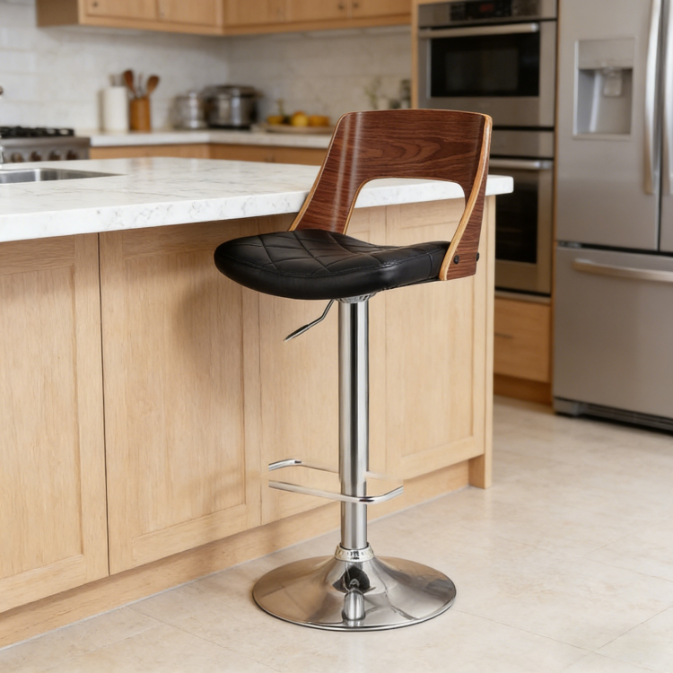 Bentwood Contemporary Modern Stylish Wood Back Adjustable Swivel Bar Stool With Diamond Quilted Finish Curved Seat And Back
