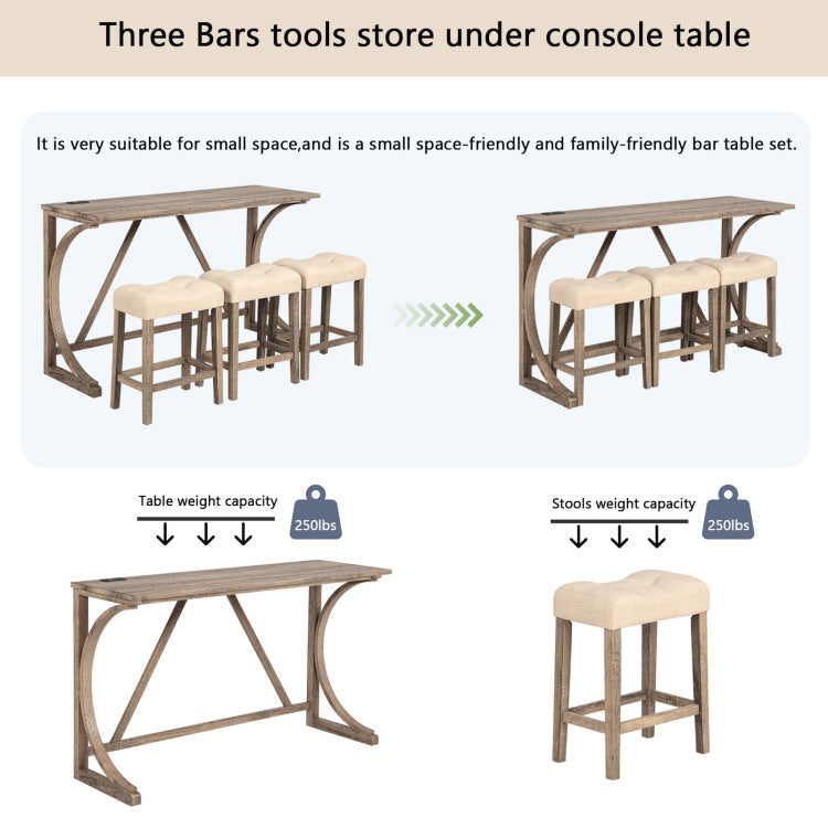 4 Piece Bar Table Set With Power Outlet, Dining Bar Table And Chairs Set,Bar Table Set With 3 Padded Stools For Living Room, Dining Room, Game Room, Brown