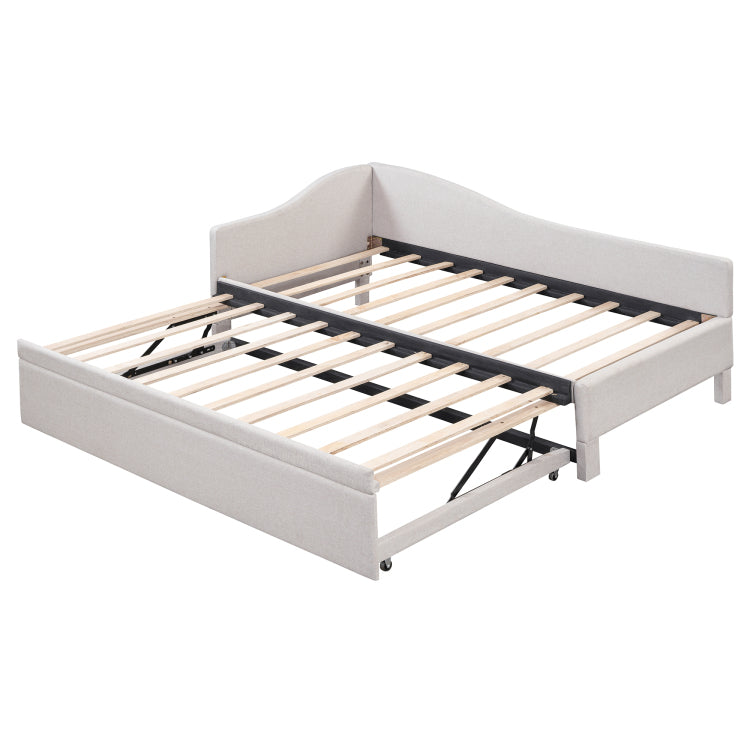 Twin Size Upholstered L Shaped Upholstered Daybed With Pop Up Trundle, Beige