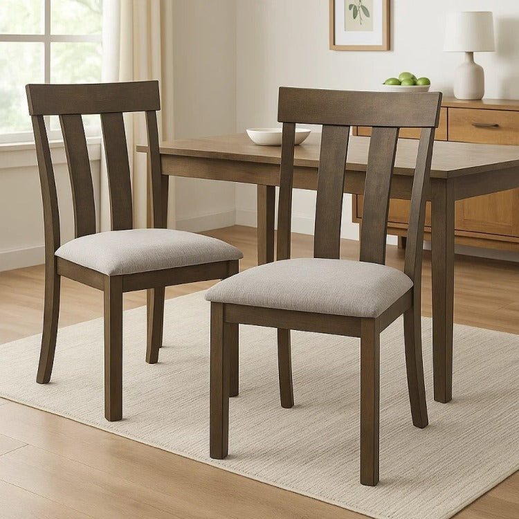 Omal Set Of 2 Dining Chairs, Brown Wood Slatted Back, Gray Fabric Seat