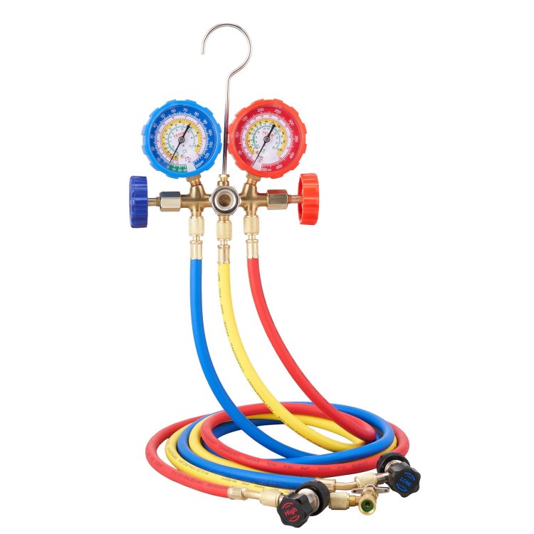 Ac Gauge Set 3 Way Ac Manifold Gauge Set For R134A R22 R12 R502 Refrigerant, Freon Gauges With 5Ft Hoses, Couplers, Can Tap Works On Car Auto Freon Charging And Evacuation