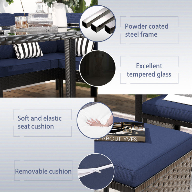 Small Space Patio Furniture 7 Piece Outdoor Furniture Set, Backyard Furniture Set, Waterproof Seat Cushion, Glass Table, Space Saving, Suitable For Backyard, Terrace Or Garden,Dark Blue