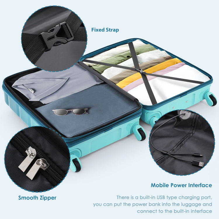 Luggage Sets 5 Piece, 20 Inch With Usb Port, Abs Durable Suitcase With Travel Bag, Abs Pc Hard Shell Luggage With Spinner Wheels, Blue