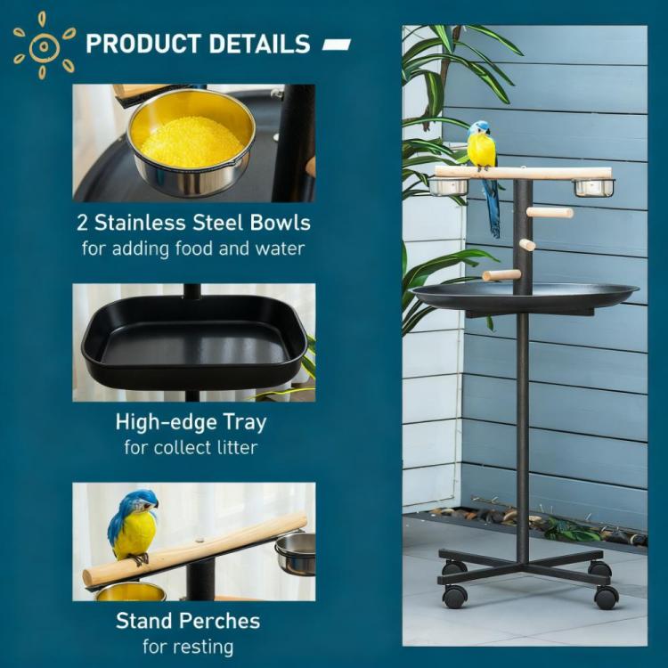 Bird Feeder Station With Wheels,Portable Bird Play Stand,Stainless Steel Feeding Bowls, Tray