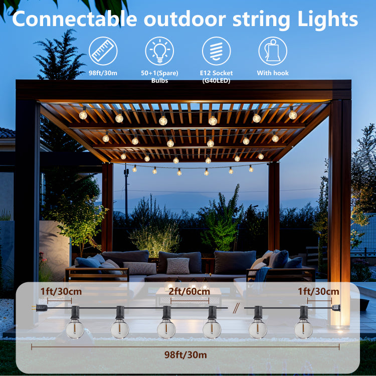 98Ft Led Outdoor String Lights, Plug In Waterproof Patio Lights With 50 Shatterproof Bulbs, Warm White Outdoor Hanging Light Decor For Backyard Deck Garden Bistro Porch Party
