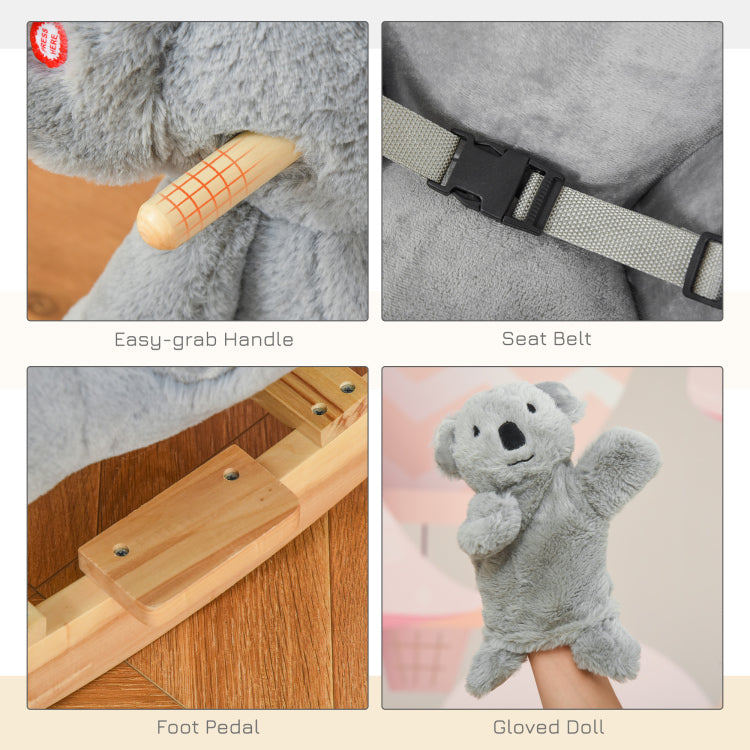 Qaba Kids Ride On Rocking Horse, Koala Shaped Rocker With Realistic Sounds For Children 18 36 Months, Gray