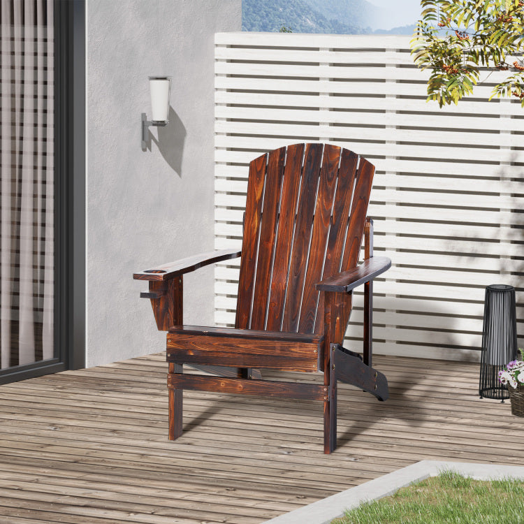 Outsunny Wooden Adirondack Chair, Outdoor Patio Lawn Chair With Cup Holder, Weather Resistant Lawn Furniture, Classic Lounge For Deck, Garden, Backyard, Fire Pit, Brown