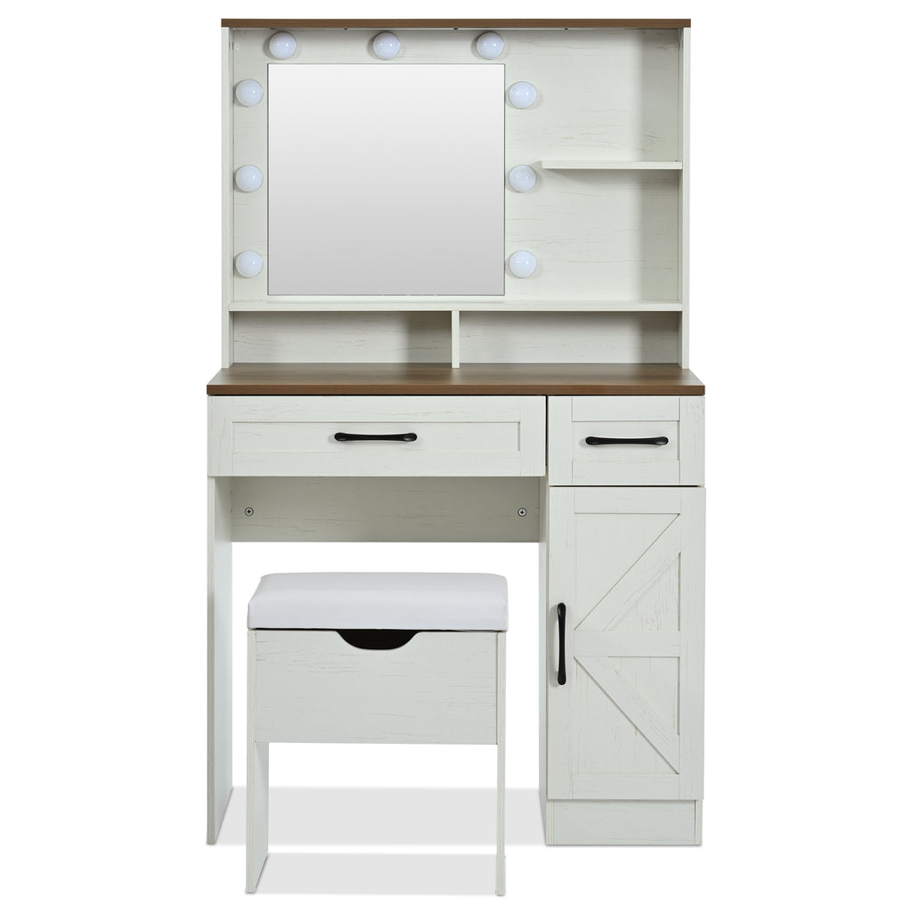 Farmhouse Makeup Vanity Desk With Mirror And Lights, 3 Lighting Modes, Vanity Set With Stool, Dressing Table With Adjustable Shelves,2 Drawers And Side Cabinet For Bedroom, White