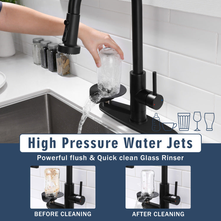 3 In 1 Kitchen Faucet With Press Type Glass Rinser, High Arc Pull Down Sprayer Faucet, 3 Function Spray Mode, Matte Black Finish, For Modern Kitchen Sink