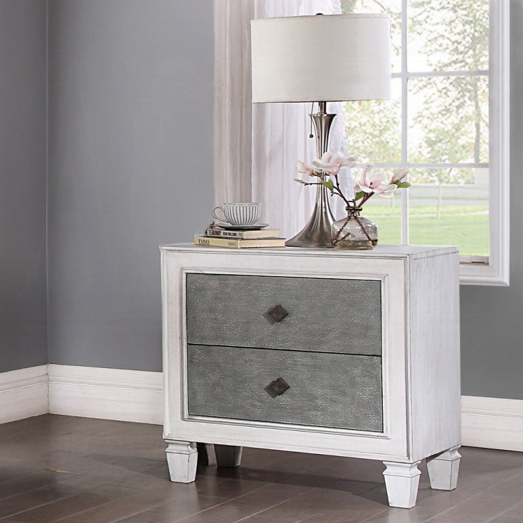 Modern Rustic White And Gray Finish 2 Drawers Nightstand Wooden Bedroom Furniture 1Pc Farmhouse Style