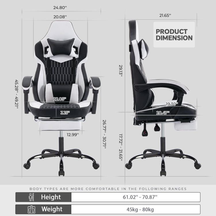 Gaming Chair With Footrest, High Back Gaming Chairs Pvc Leather Ergonomic Office Gamer Chair Headrest Lumbar Support Racing Style Video Gaming Chair Black White