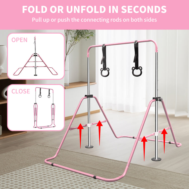 Pink Multi Functional Adjustable Height Children'S Horizontal Gymnastic Bar With Bear Rings